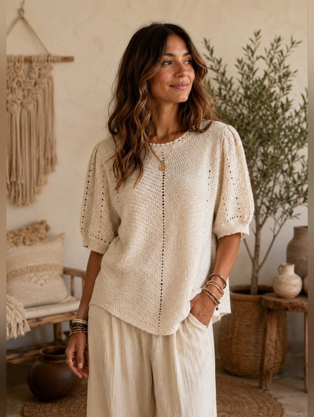 Knox Rose Womens Crochet Puff Sleeve Knit Top Size 1X Cream Cottagrcore Boho EUC